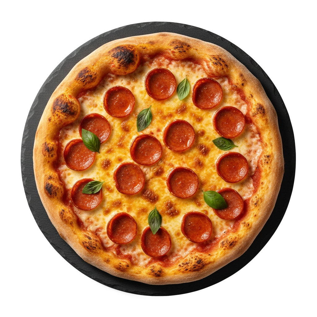 An overhead photograph of a freshly baked pepperoni pizza.